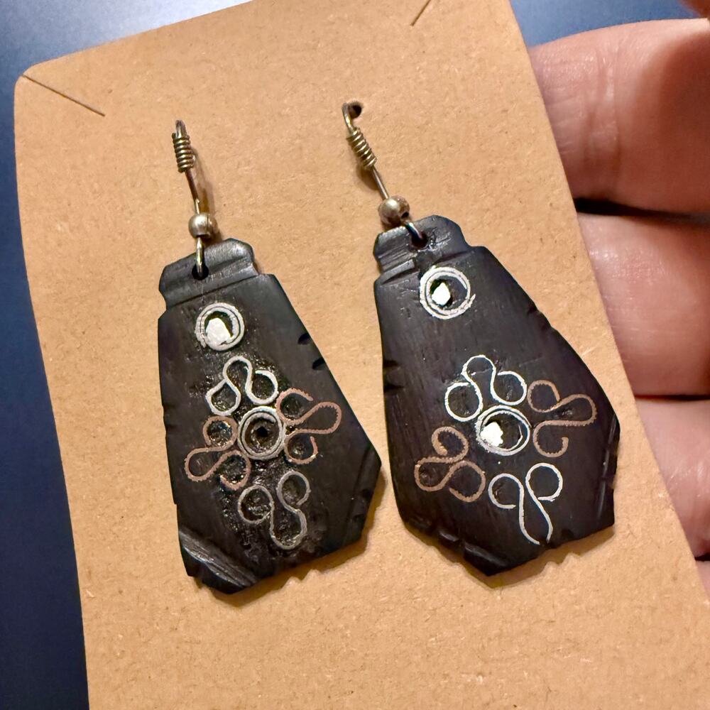 Handcrafted Artisan Mixed Metal Embossed Wooden Earrings - Picture 3 of 7